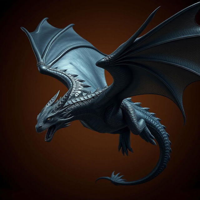 A majestic black dragon with intricate scales and glowing eyes, soaring against a rich chocolate-colored background