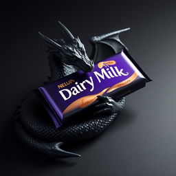 A striking and surreal image featuring a black dragon coiled around a large bar of Dairy Milk chocolate