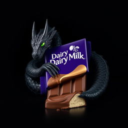 A striking and surreal image featuring a black dragon coiled around a large bar of Dairy Milk chocolate