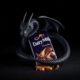 A striking and surreal image featuring a black dragon coiled around a large bar of Dairy Milk chocolate