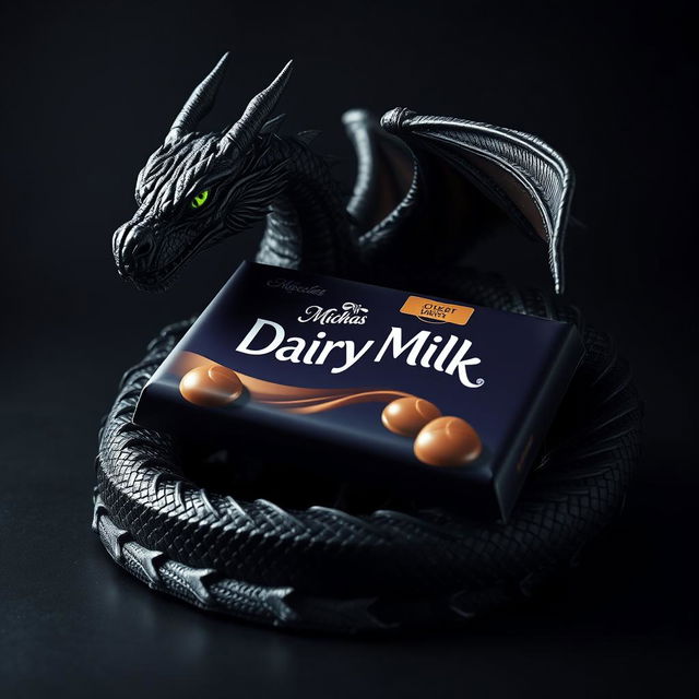 A striking and surreal image featuring a black dragon coiled around a large bar of Dairy Milk chocolate