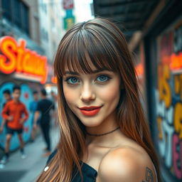 A stylish young woman with striking features, sporting chic, edgy bangs that frame her face perfectly