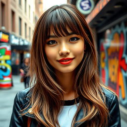 A stylish young woman with striking features, sporting chic, edgy bangs that frame her face perfectly