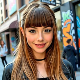 A stylish young woman with striking features, sporting chic, edgy bangs that frame her face perfectly