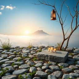 A serene landscape featuring a short area of land covered with neatly arranged stones, with scattered herbs like thyme and mint growing between the gaps of the stones