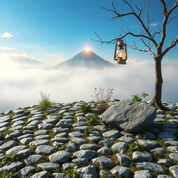 A serene landscape featuring a short area of land covered with neatly arranged stones, with scattered herbs like thyme and mint growing between the gaps of the stones