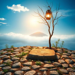 A serene landscape featuring a short area of land covered with neatly arranged stones, with scattered herbs like thyme and mint growing between the gaps of the stones