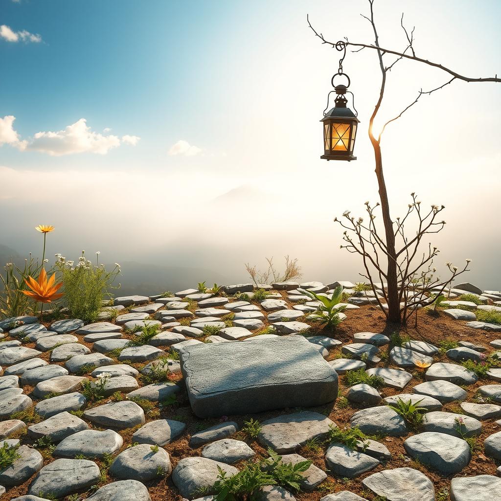 A serene landscape featuring a short area of land covered with neatly arranged stones, with scattered herbs like thyme and mint growing between the gaps of the stones