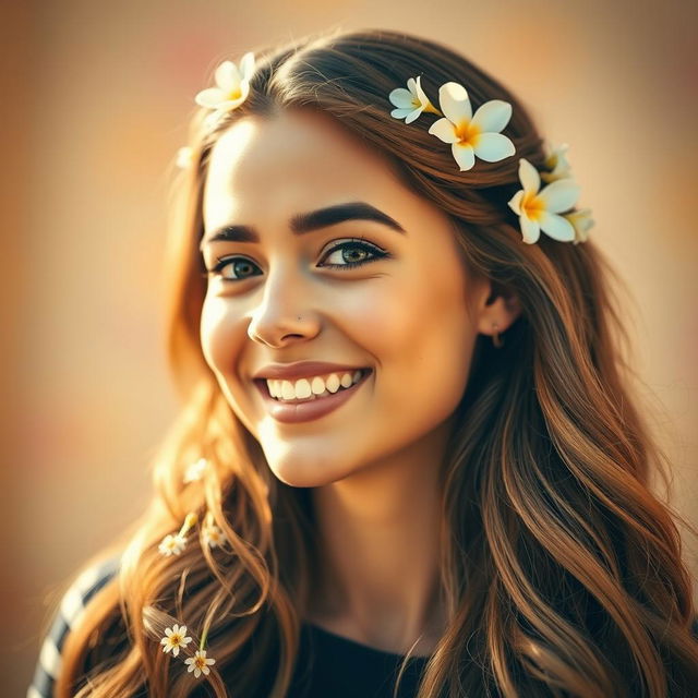 A beautifully stylized profile picture featuring a close-up shot of a person with striking features, radiant smile, and sparkling eyes