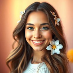 A beautifully stylized profile picture featuring a close-up shot of a person with striking features, radiant smile, and sparkling eyes