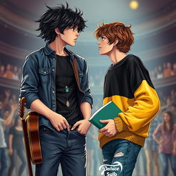 A captivating book cover for a teenage gay romance novel featuring two characters
