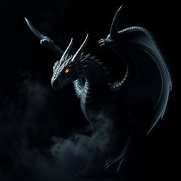 A dramatic and eye-catching image of a black dragon against a dark background, showcasing intricate details on the dragon's scales and fiery eyes glowing with intensity