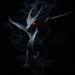 A dramatic and eye-catching image of a black dragon against a dark background, showcasing intricate details on the dragon's scales and fiery eyes glowing with intensity
