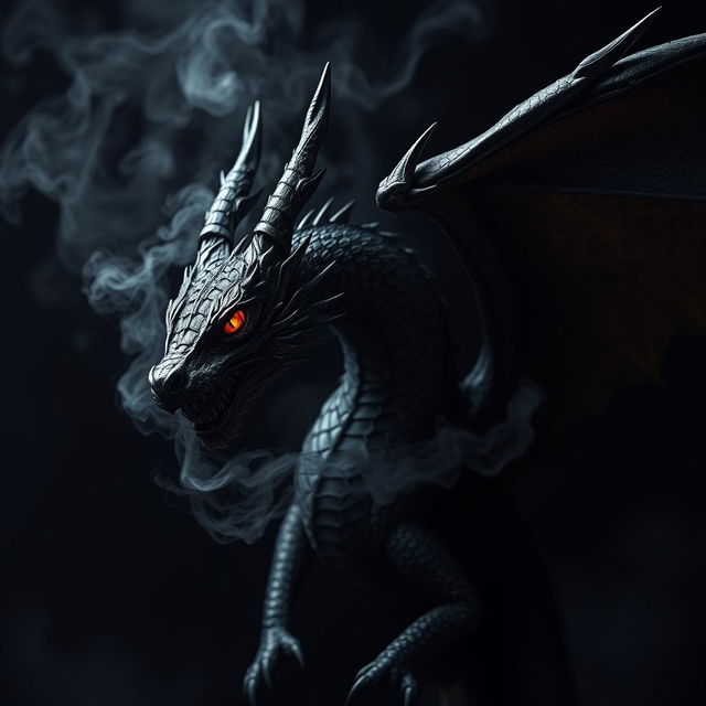 A dramatic and eye-catching image of a black dragon against a dark background, showcasing intricate details on the dragon's scales and fiery eyes glowing with intensity