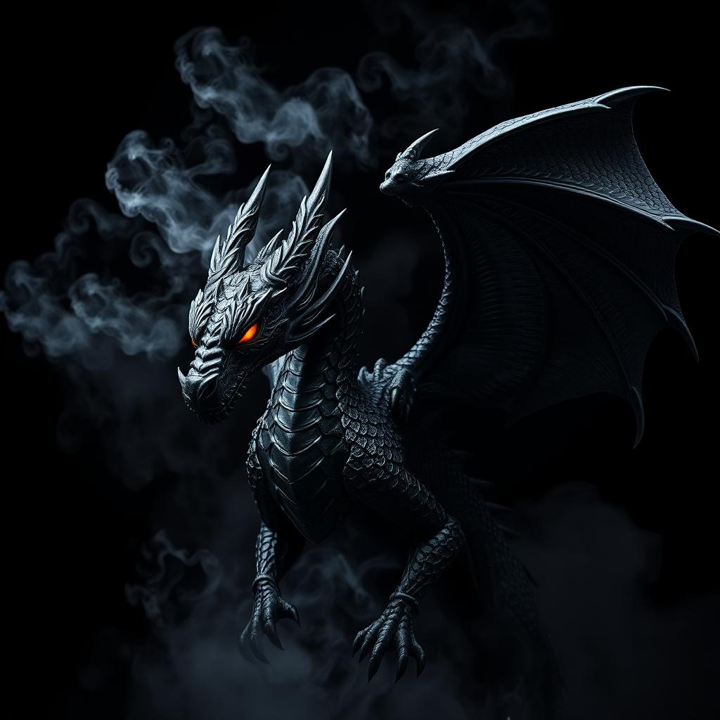 A dramatic and eye-catching image of a black dragon against a dark background, showcasing intricate details on the dragon's scales and fiery eyes glowing with intensity