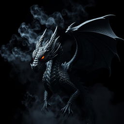 A dramatic and eye-catching image of a black dragon against a dark background, showcasing intricate details on the dragon's scales and fiery eyes glowing with intensity