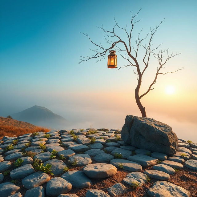 A serene landscape featuring a short patch of land with neatly arranged stones, between which a few scattered herbs and small flowers grow, intertwining beautifully within the gaps