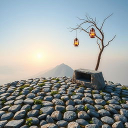 A serene landscape featuring a short patch of land with neatly arranged stones, between which a few scattered herbs and small flowers grow, intertwining beautifully within the gaps