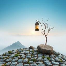 A serene landscape featuring a short patch of land with neatly arranged stones, between which a few scattered herbs and small flowers grow, intertwining beautifully within the gaps