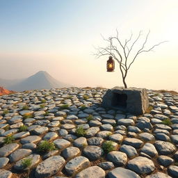 A serene landscape featuring a short patch of land with neatly arranged stones, between which a few scattered herbs and small flowers grow, intertwining beautifully within the gaps