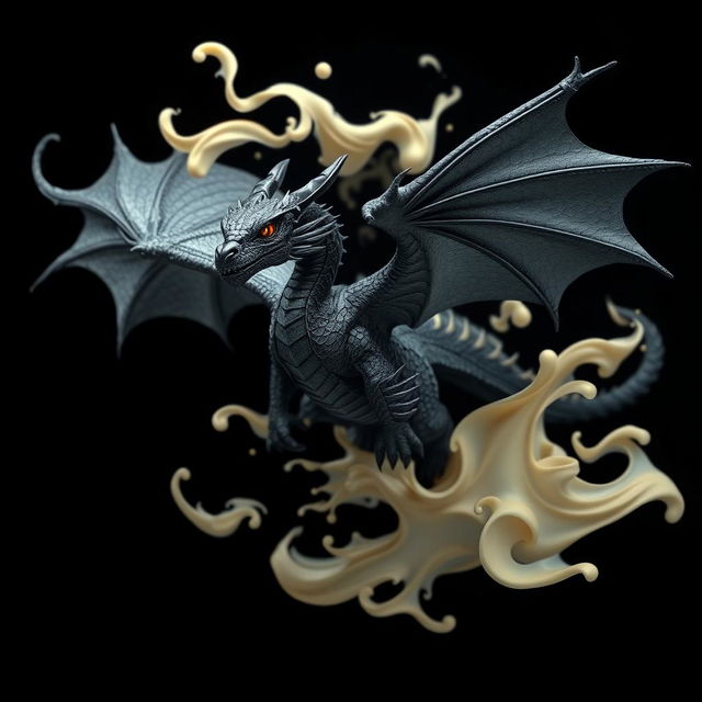 A magnificent black dragon with shimmering scales and glowing eyes, majestically soaring against a deep black background