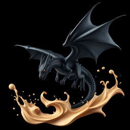 A magnificent black dragon with shimmering scales and glowing eyes, majestically soaring against a deep black background