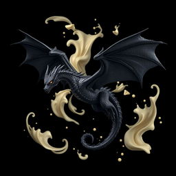 A magnificent black dragon with shimmering scales and glowing eyes, majestically soaring against a deep black background