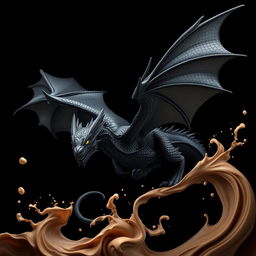 A magnificent black dragon with shimmering scales and glowing eyes, majestically soaring against a deep black background