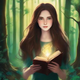 Digital art of a girl with long brown hair in a forest setting