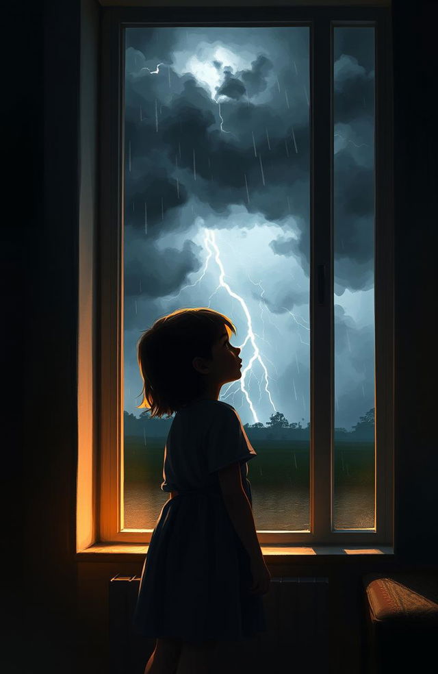 A digital painting depicting a young girl standing beside a large window, her silhouette visible against the dim light