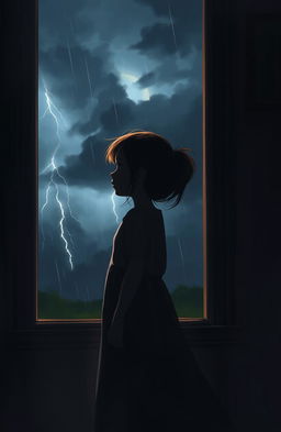 A digital painting depicting a young girl standing beside a large window, her silhouette visible against the dim light