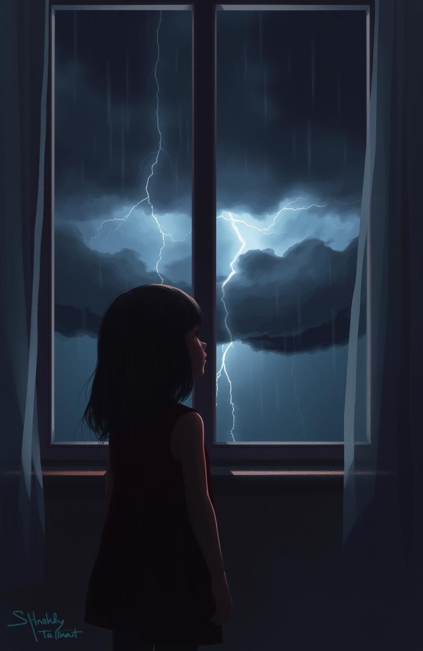 A digital painting depicting a young girl standing beside a large window, her silhouette visible against the dim light