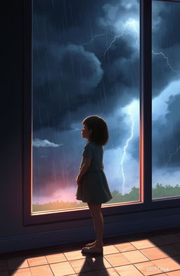 A digital painting depicting a young girl standing beside a large window, her silhouette visible against the dim light
