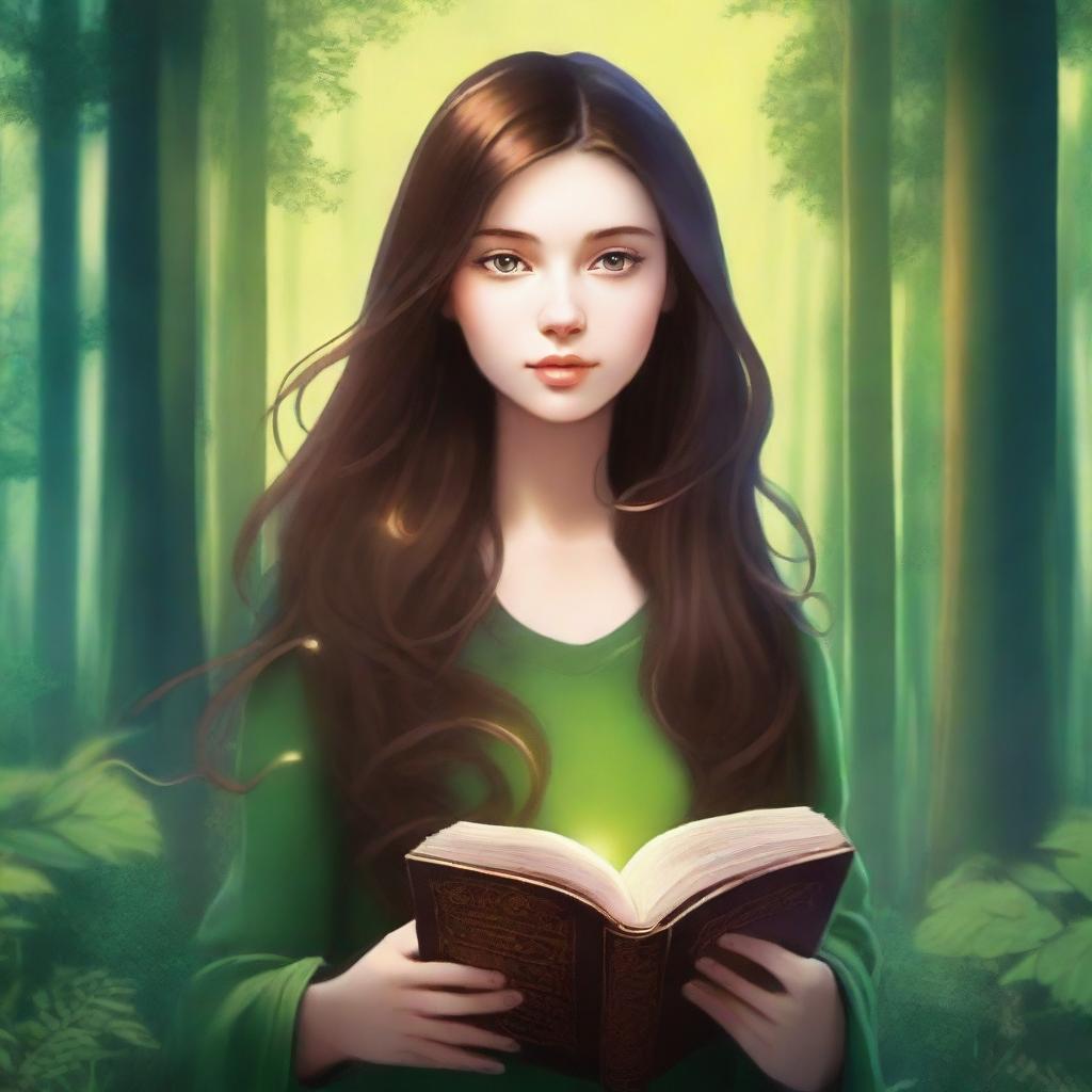 Digital art of a girl with long brown hair in a forest setting