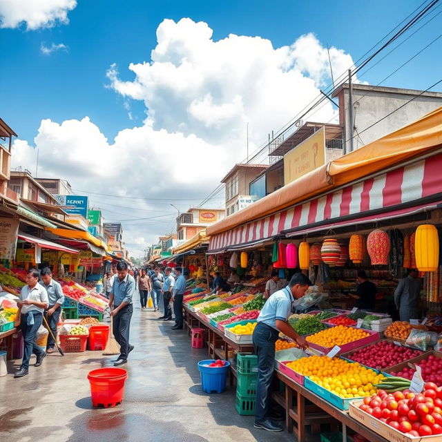 A bustling city market scene being cleaned, with vibrant market stalls filled with fresh fruits, vegetables, and colorful goods