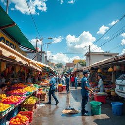 A bustling city market scene being cleaned, with vibrant market stalls filled with fresh fruits, vegetables, and colorful goods