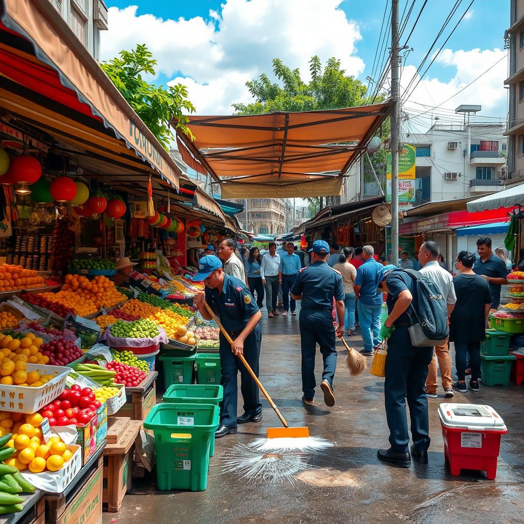 A bustling city market scene being cleaned, with vibrant market stalls filled with fresh fruits, vegetables, and colorful goods