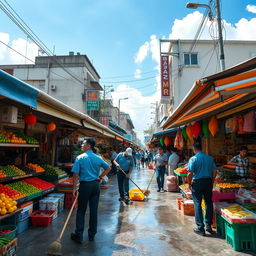 A bustling city market scene being cleaned, with vibrant market stalls filled with fresh fruits, vegetables, and colorful goods