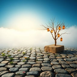 A vertical image of a floor made up of neatly arranged stones, with a few scattered vibrant herbs and colorful flowers growing in the gaps
