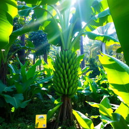 A lush banana garden filled with vibrant green banana plants, showcasing a large, majestic banana tree standing proudly amidst the foliage