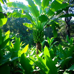 A lush banana garden filled with vibrant green banana plants, showcasing a large, majestic banana tree standing proudly amidst the foliage