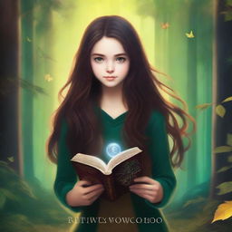 Digital art of a girl with long brown hair in a forest setting