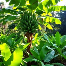 A lush banana garden filled with vibrant green banana plants, showcasing a large, majestic banana tree standing proudly amidst the foliage