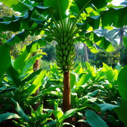 A lush banana garden filled with vibrant green banana plants, showcasing a large, majestic banana tree standing proudly amidst the foliage
