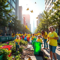 A vibrant city landscape showing a thorough clean-up in progress
