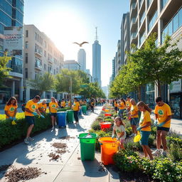 A vibrant city landscape showing a thorough clean-up in progress