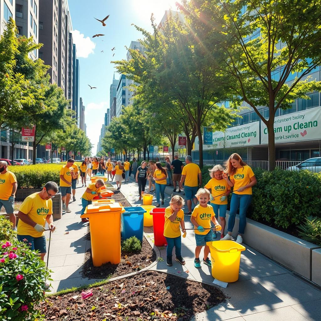 A vibrant city landscape showing a thorough clean-up in progress