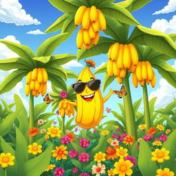 A colorful cartoon-style illustration of a banana garden, featuring tall, lush banana trees with large green leaves and bright yellow bananas hanging