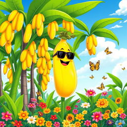 A colorful cartoon-style illustration of a banana garden, featuring tall, lush banana trees with large green leaves and bright yellow bananas hanging