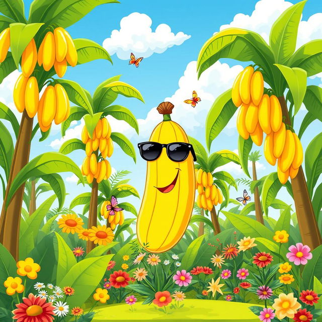 A colorful cartoon-style illustration of a banana garden, featuring tall, lush banana trees with large green leaves and bright yellow bananas hanging